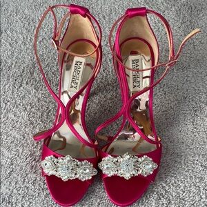Badgley Mischka Fuchsia Satin Heels with Jeweled Embellishment